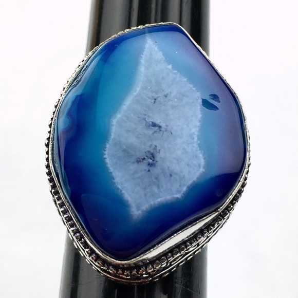 New Blue Solar Quartz Crystal Stone Silver Overlay Ring Size 7 - Picture 11 of 12